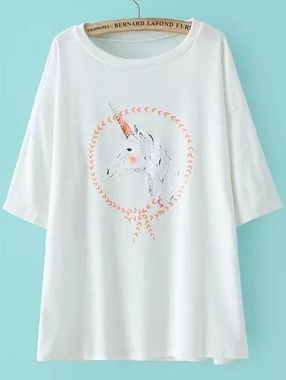 Romwe Round Neck Horse Print White T-shirt