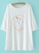 Romwe Round Neck Horse Print White T-shirt