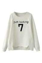 Romwe Asymmetric 7 Print White Sweatshirt