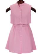 Romwe Stand Collar With Belt Buttons Dress