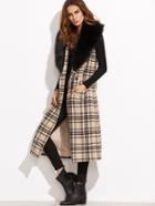 Romwe Khaki Plaid Longline Vest With Faux Fur Collar