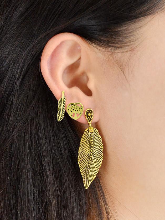 Romwe 3 Pcs/set Geometric Heart Feather Cute Earrings