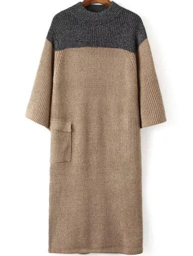 Romwe Slit Back Khaki Sweater Dress