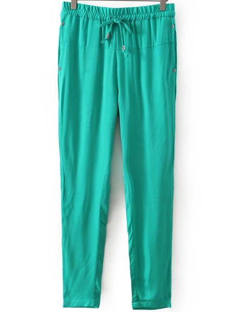 Romwe Draw Cord Waist Studded Green Pant