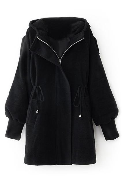 Romwe Romwe Hooded Self-tied Elastic Buttoned Black Coat