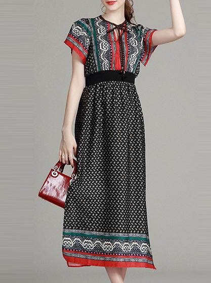 Romwe Black Tie Neck Tribal Print Dress