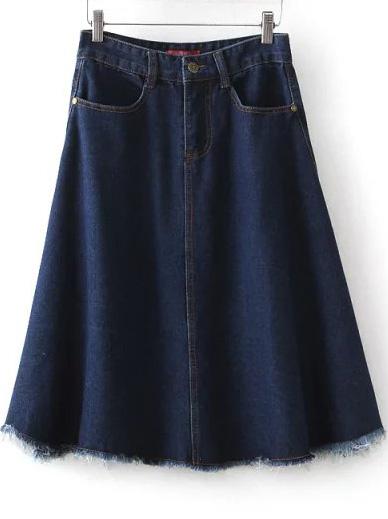 Romwe Navy Pockets Fringe Denim Skirt