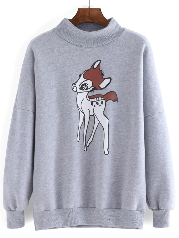 Romwe Mock Neck Deer Print Sweatshirt