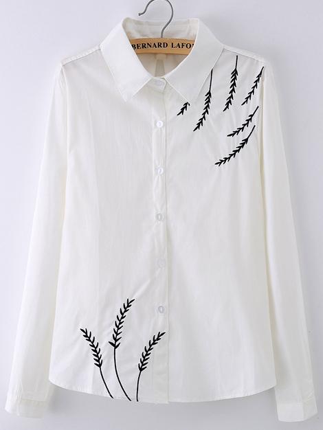 Romwe Lapel Leaves Embroidered Blouse