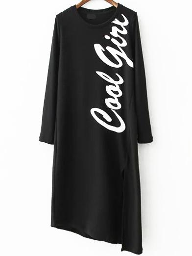 Romwe Letter Print Asymmetrical Split Tshirt Dress