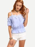 Romwe Lace Trimmed Cold Shoulder Peplum Top - Blue