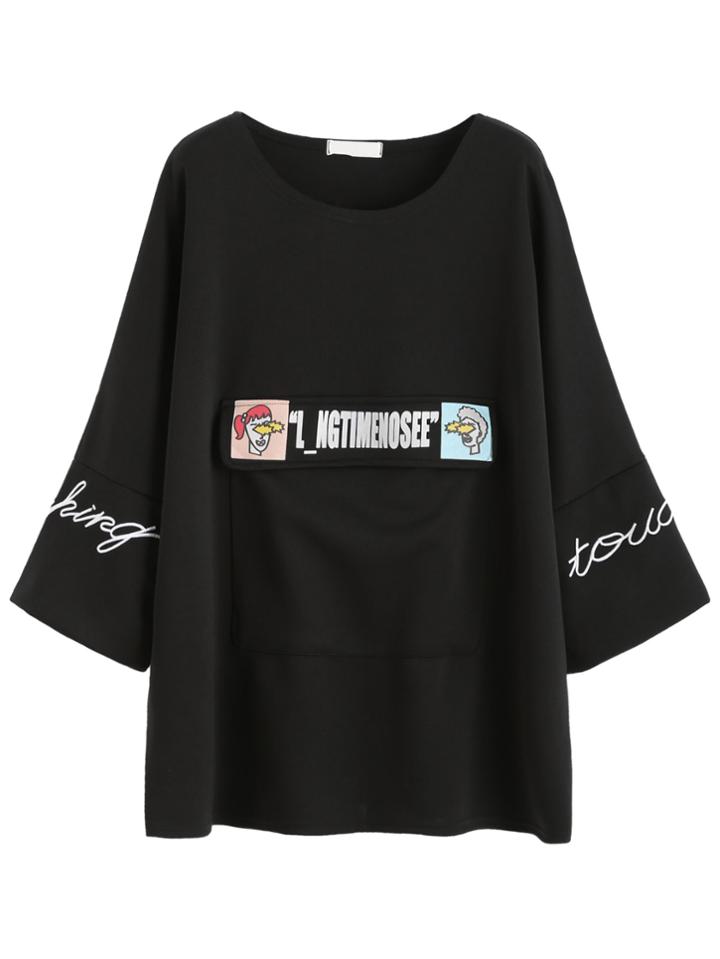 Romwe Black Letters Print Pocket T-shirt