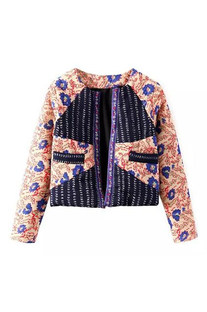Romwe Floral Print Striped Slim Coat