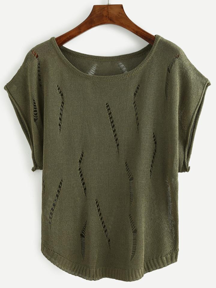 Romwe Olive Green Ripped Knit Top
