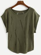 Romwe Olive Green Ripped Knit Top
