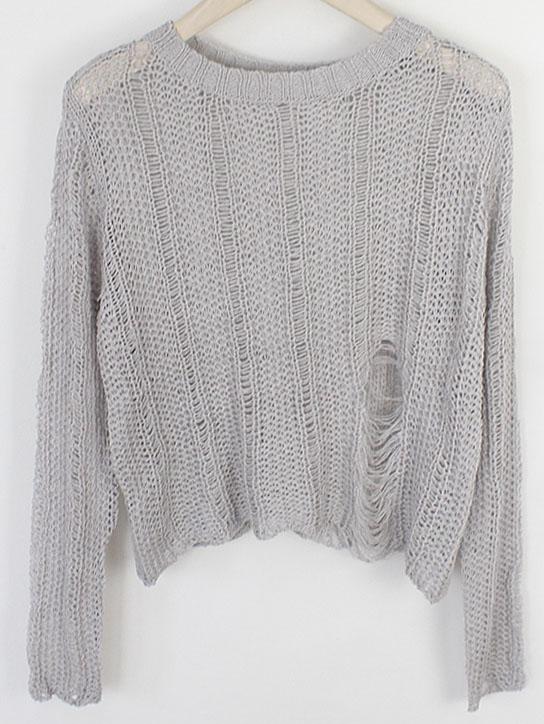 Romwe Ripped Loose Grey Sweater