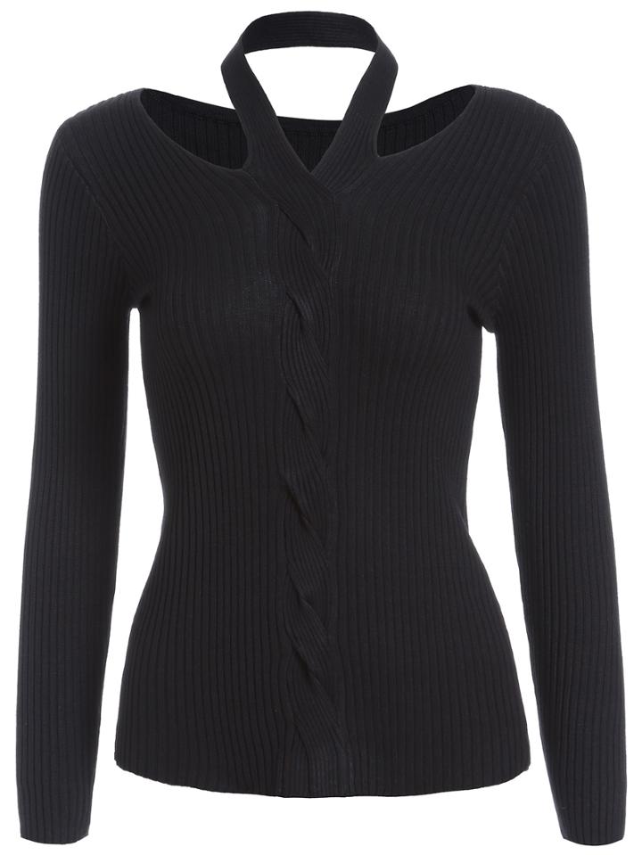 Romwe Halter Cable Knit Black Sweater