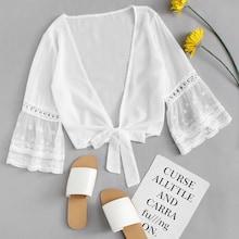 Romwe Sheer Mesh Sleeve Knot Plunge Top