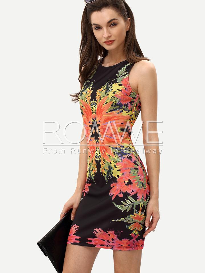 Romwe Floral Placement Print Sleeveless Bodycon Dress
