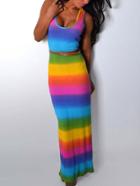 Romwe Multicolor Rainbow Print Maxi Tank Dress