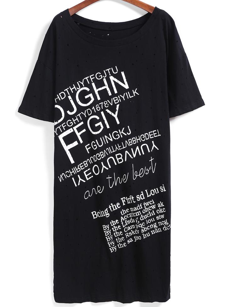 Romwe Letter Print Hollow Loose Dress