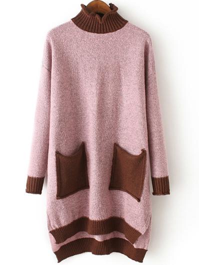 Romwe Ruffle Collar Dip Hem Split Side Contrast Pockets Pink Sweater Dress