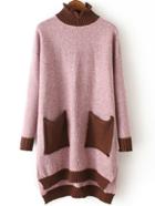 Romwe Ruffle Collar Dip Hem Split Side Contrast Pockets Pink Sweater Dress