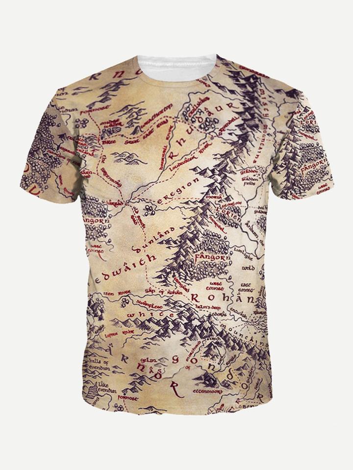 Romwe Men Map Print Tee