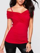 Romwe Cold Shoulder Cross Wrap Top - Red