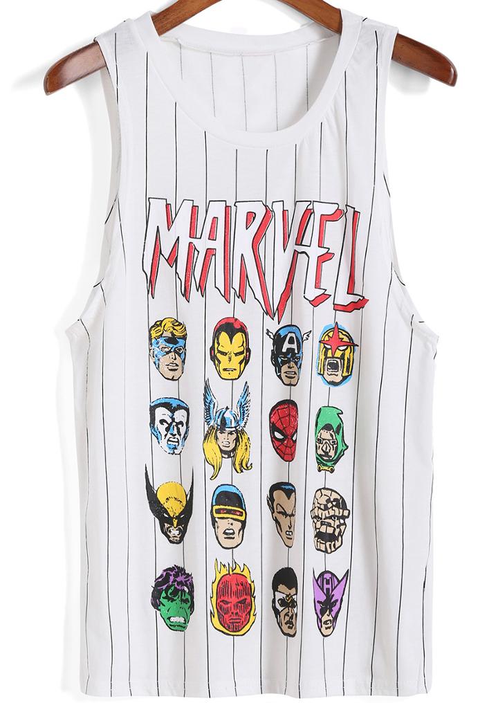 Romwe Cartoon Print Vertical Striped Tank Top