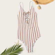 Romwe Random Striped Lace-up Front One Piece Swimsuit