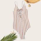 Romwe Random Striped Lace-up Front One Piece Swimsuit