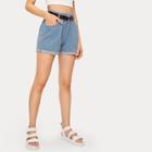 Romwe Elastic Waist Rolled Hem Denim Paperbag Shorts With Belt