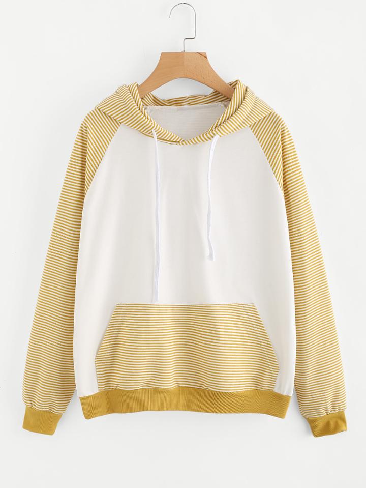 Romwe Striped Contrast Kangaroo Pocket Hoodie