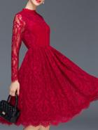 Romwe Wine Red Round Neck Long Sleeve Embroidered Lace Dress