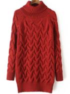 Romwe Turtleneck Cable Knit Red Sweater Dress