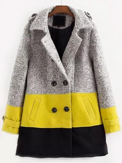 Romwe Color-block Lapel Double Breasted Epaulet Coat