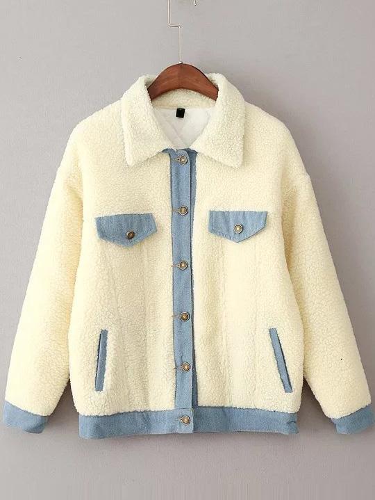 Romwe White Contrast Trim Faux Shearling Coat