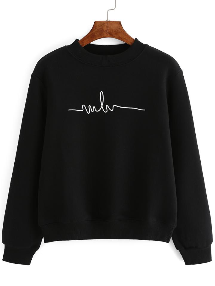 Romwe Crew Neck Print Black Sweatshirt