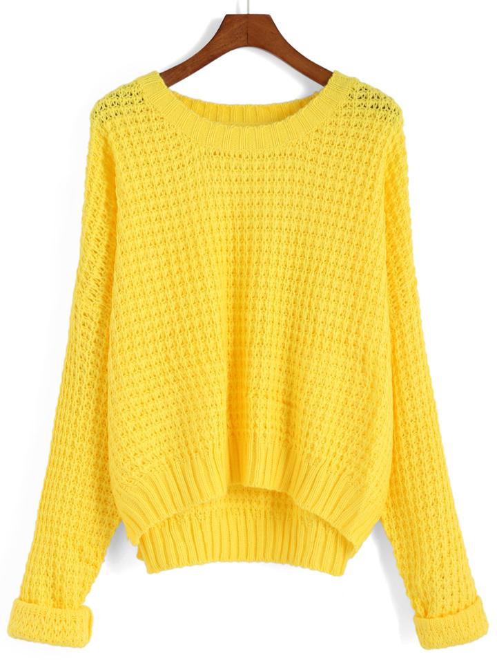 Romwe Slit Chunky Knit Loose Yellow Sweater