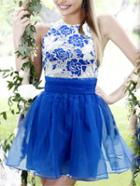 Romwe Blue Embroidered Flare Dress