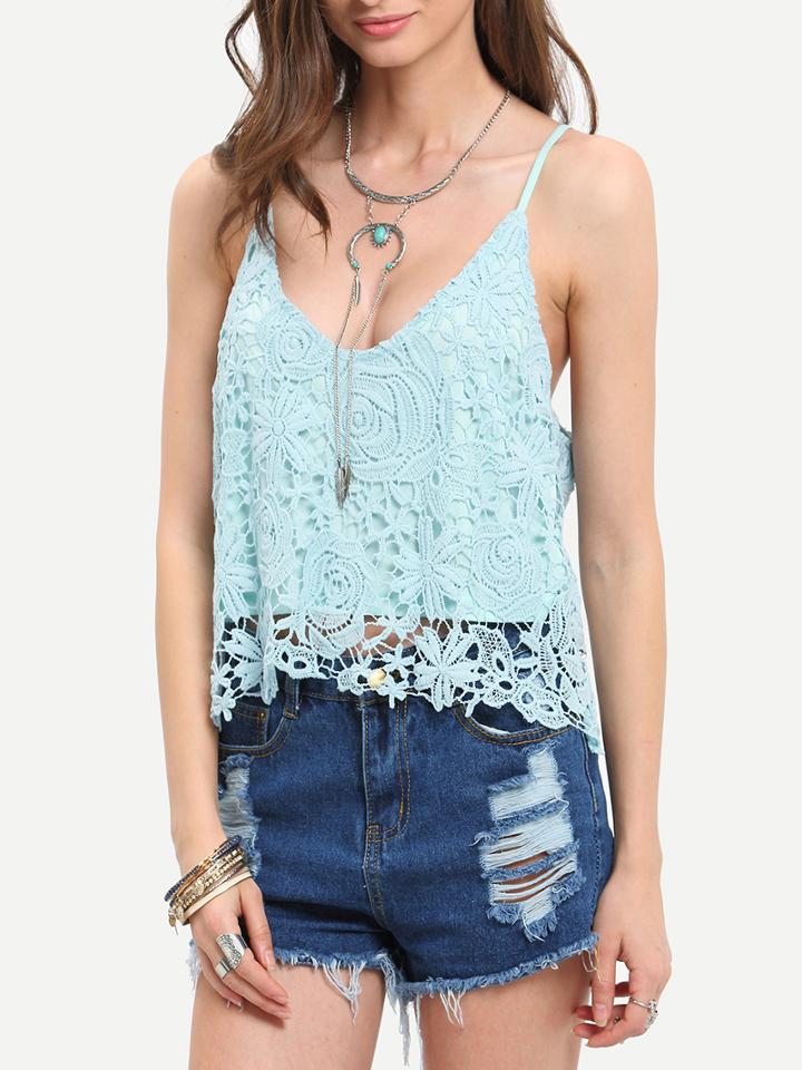 Romwe Blue Spaghetti Strap Lace Cami Top