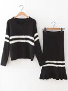 Romwe Black Striped Rolled Neck Sweater With Skirt