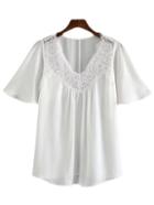 Romwe White V Neck Bell Sleeve Lace Splicing Blouse