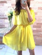 Romwe Yellow Self Tie Off The Shoulder Chiffon Dress