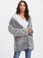 Romwe Open Front Fuzzy Faux Fur Coat