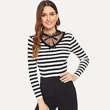 Romwe Striped Frill Trim Knot Mesh Panel Jumper