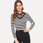 Romwe Striped Frill Trim Knot Mesh Panel Jumper
