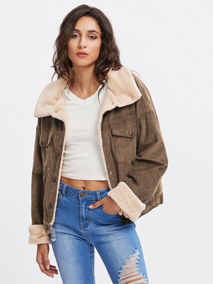 Romwe Fleece Inside Drop Shoulder Corduroy Jacket