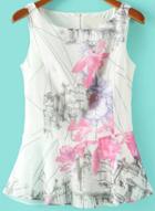 Romwe Scoop Neck Florals Peplum Hem Top